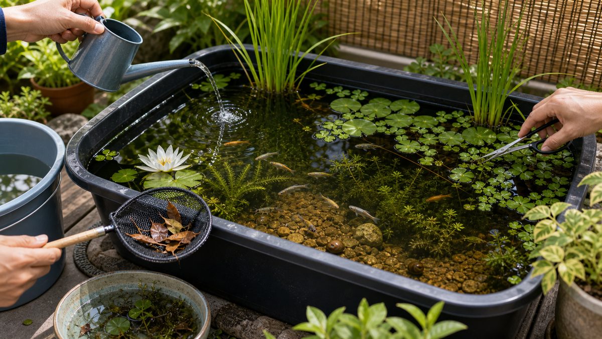 ビオトープのメンテナンス｜足し水・掃除・植物の手入れの要点をまとめた淡水魚飼育インフォグラフィック