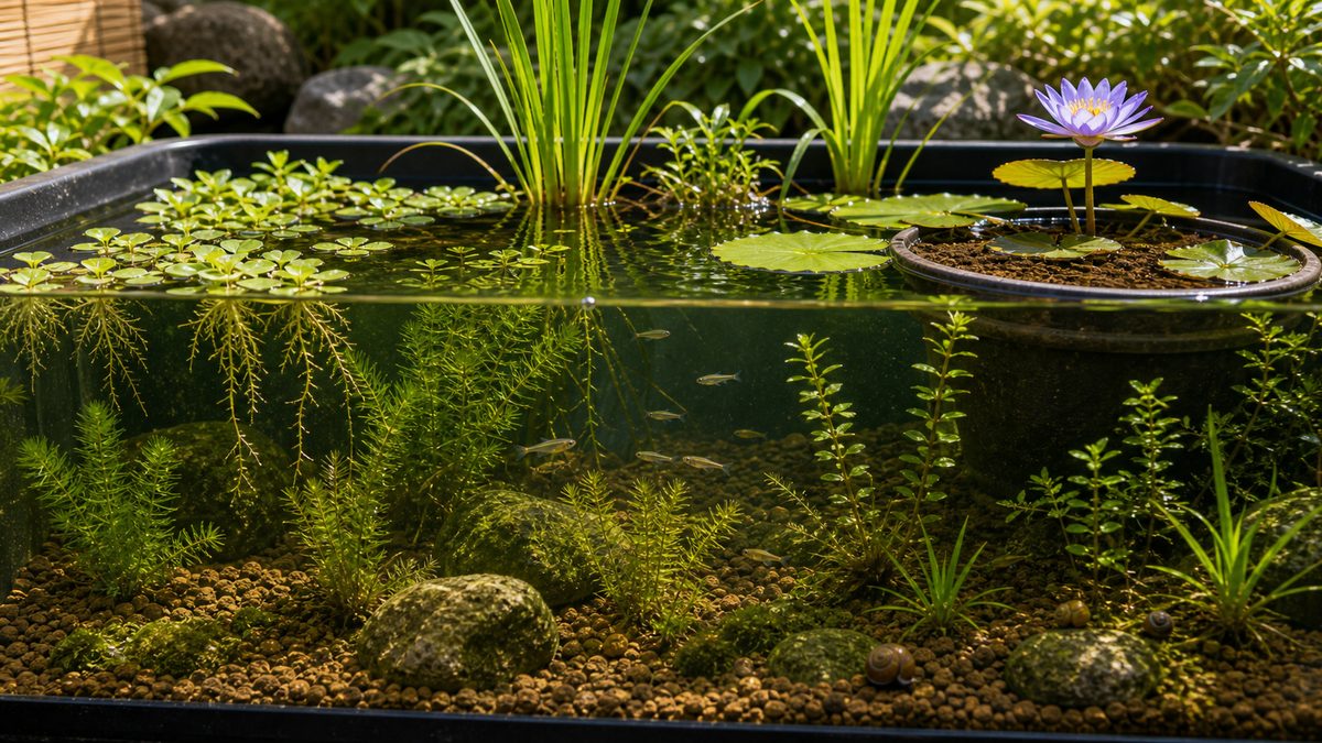 ビオトープの水草・水生植物｜睡蓮・浮き草・酸素供給水草の要点をまとめた淡水魚飼育インフォグラフィック