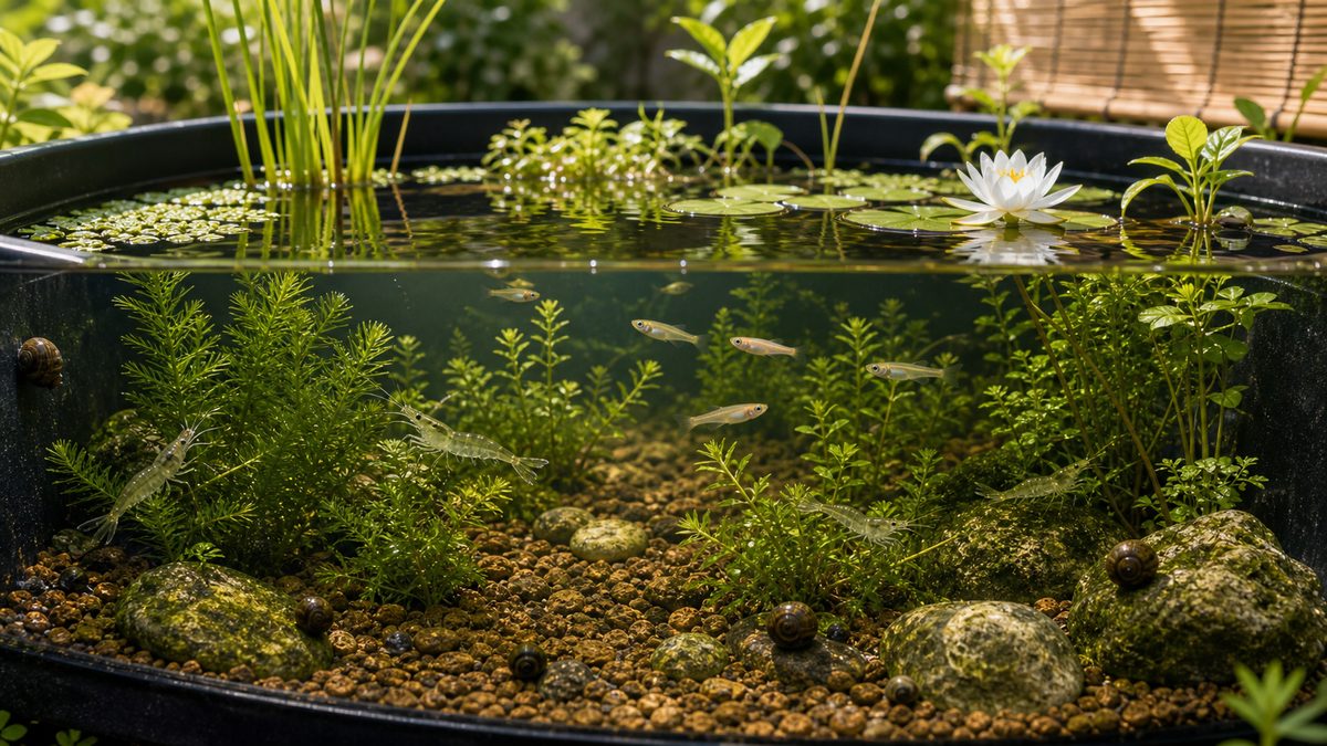ビオトープの生体｜メダカ・ミナミヌマエビ・タニシの選び方と数の要点をまとめた淡水魚飼育インフォグラフィック