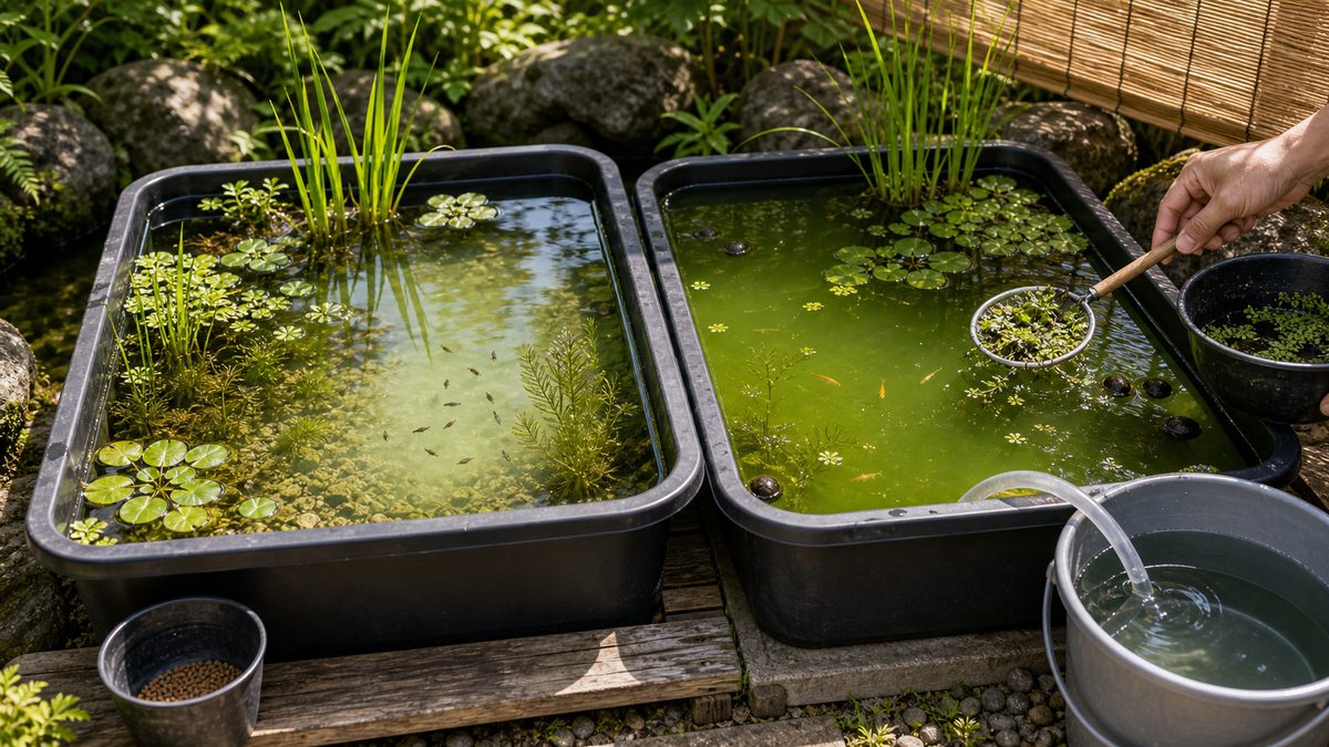 グリーンウォーターと透明度のコントロールの要点をまとめた淡水魚飼育インフォグラフィック