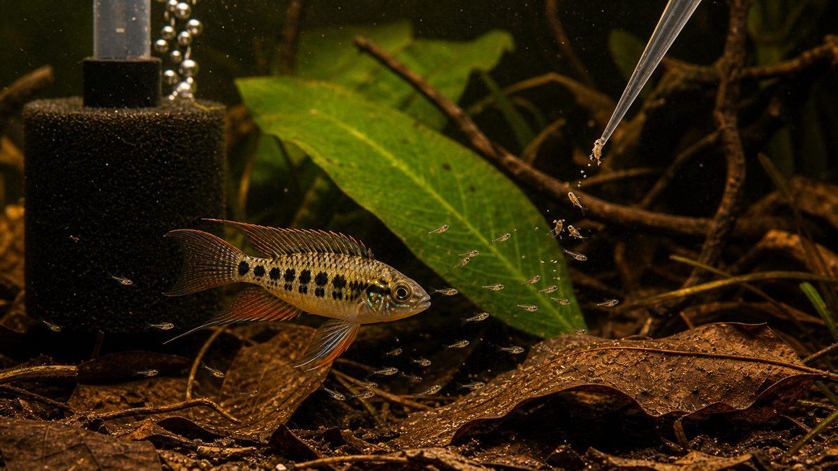 チェッカーボードシクリッドの稚魚育成と初期餌を示す画像