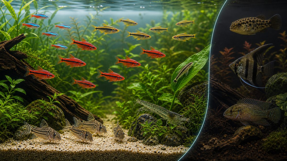 混泳についての要点をまとめた淡水魚飼育インフォグラフィック