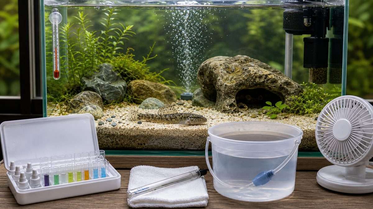 水質・水温の管理方法の要点をまとめた淡水魚飼育インフォグラフィック