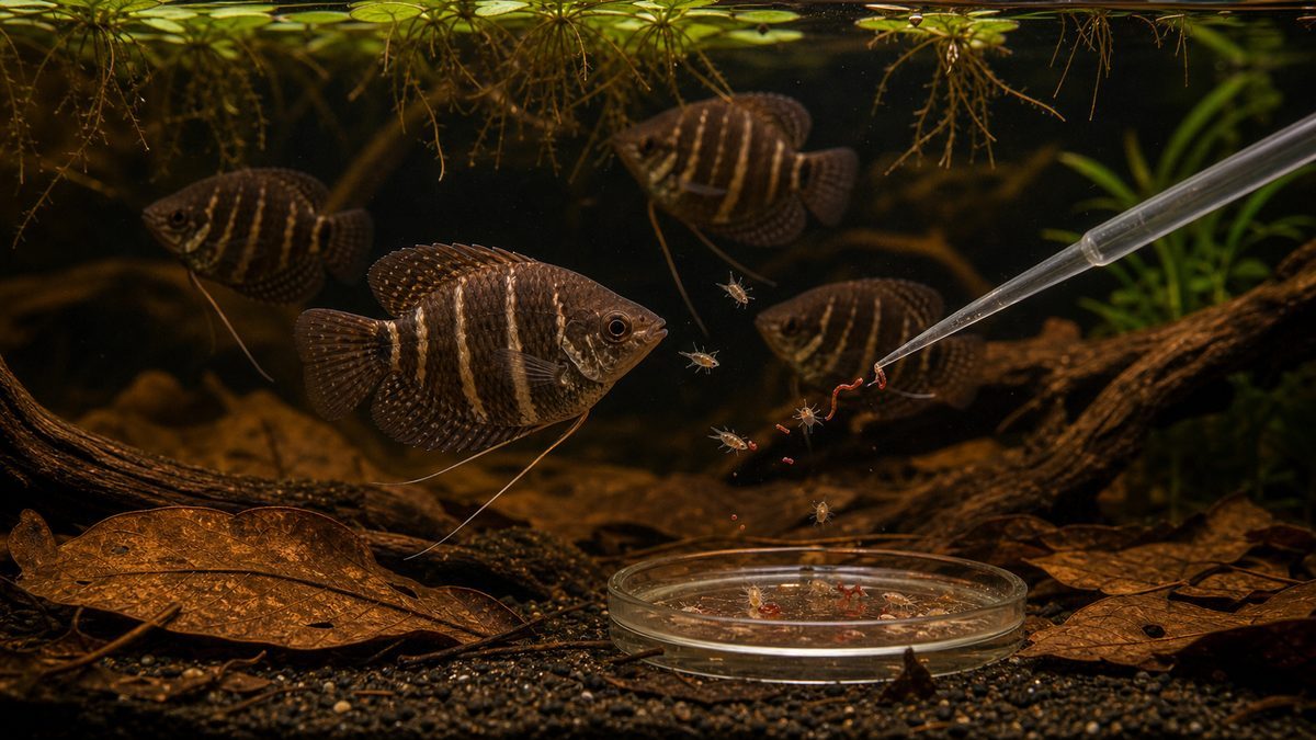 餌と給餌 ―― 生き餌を好むグルメな魚の要点をまとめた淡水魚飼育インフォグラフィック
