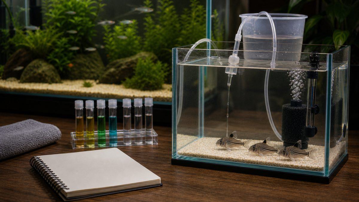 新しく迎えたコリドラスをトリートメント水槽で観察するイメージ