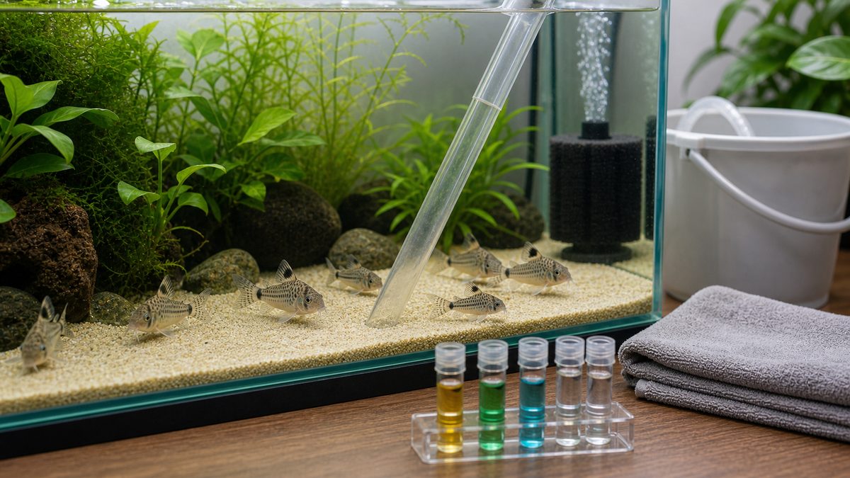 底砂掃除と換水でコリドラスの病気を予防するメンテナンスイメージ