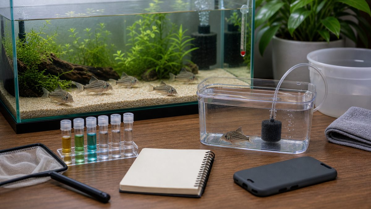 病気発見時に隔離容器と水質確認を準備する応急処置イメージ