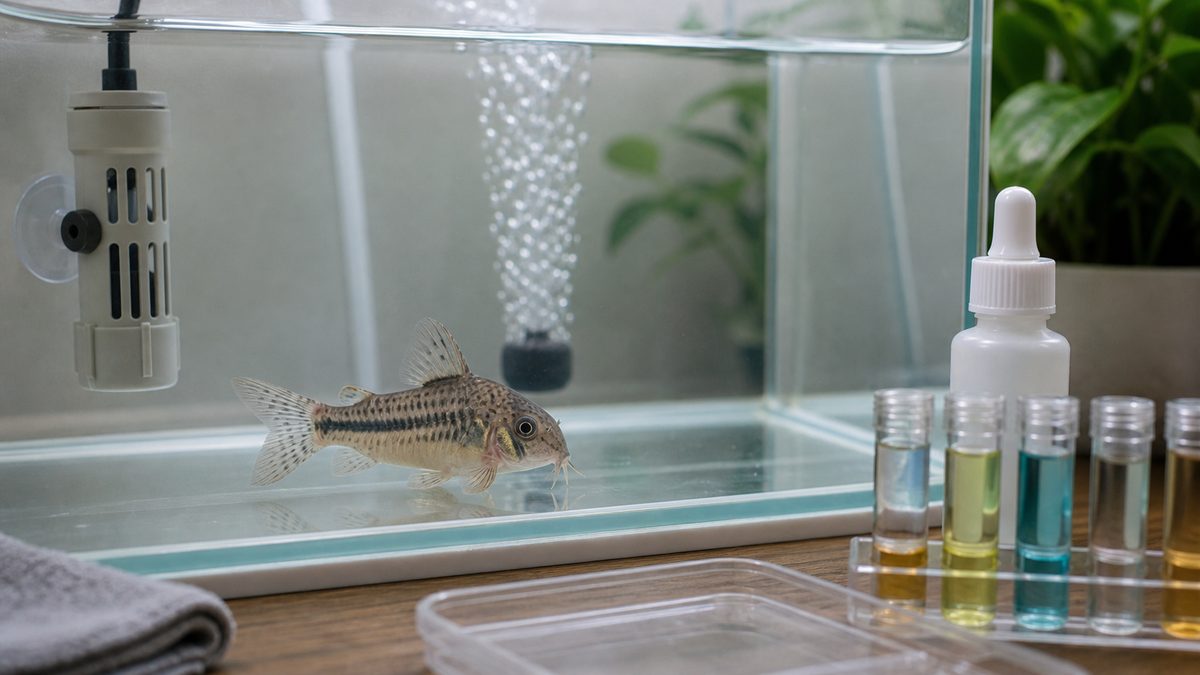 隔離水槽で赤班の早期サインを確認するコリドラスのイメージ
