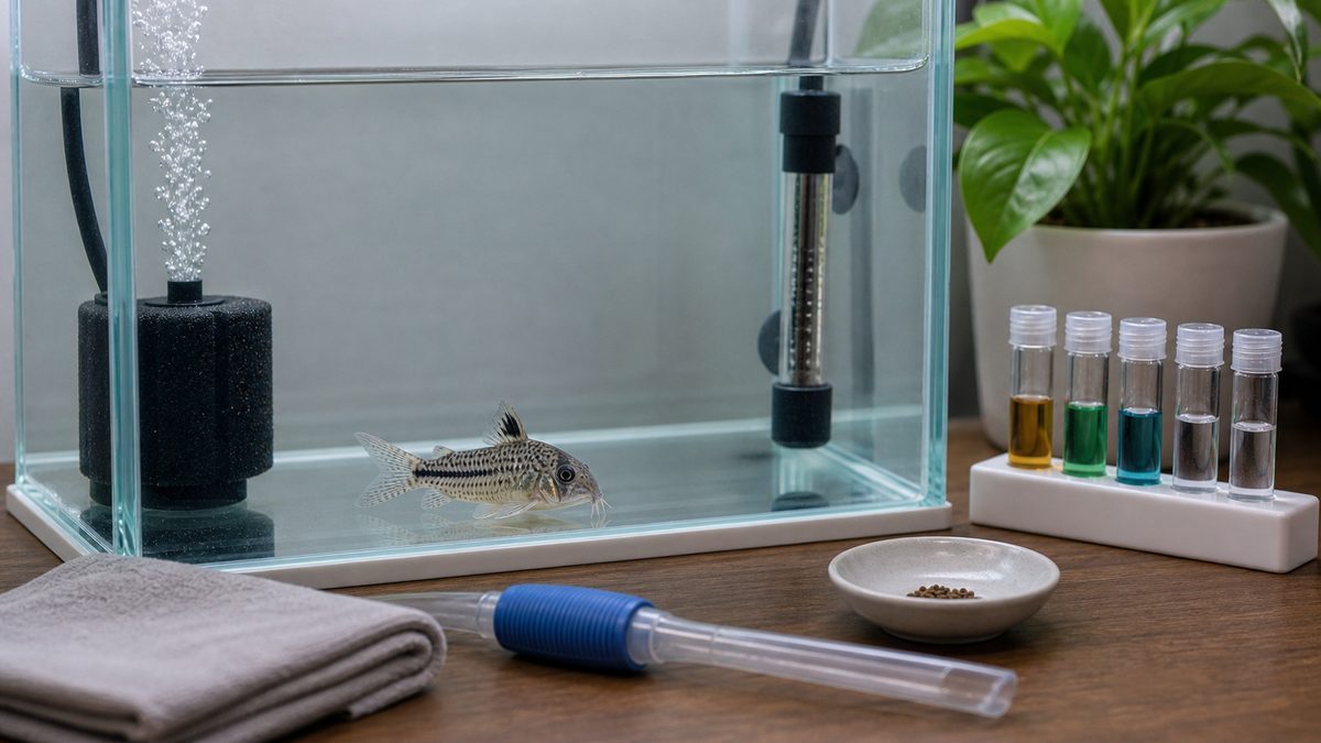 腸炎時の餌量管理と観察を示すコリドラスの隔離水槽イメージ