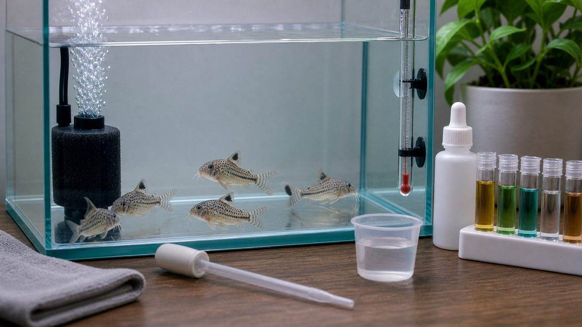 薬浴中のコリドラスを半量管理とエアレーションで支えるイメージ