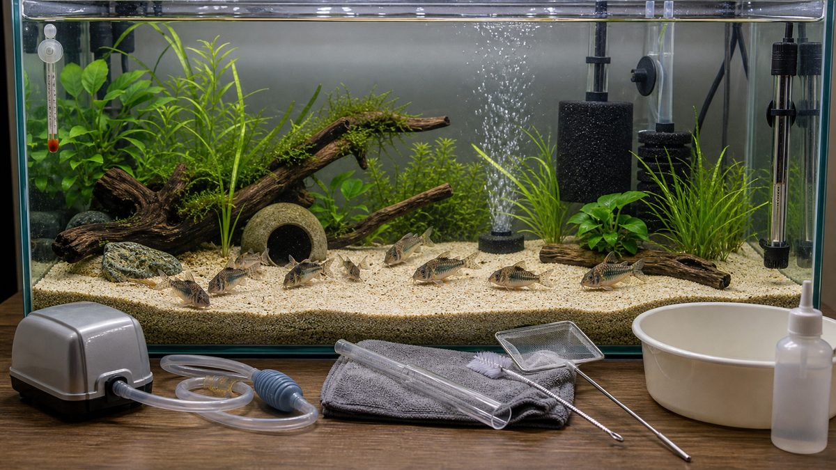 飼育に必要な設備の要点をまとめた淡水魚飼育インフォグラフィック