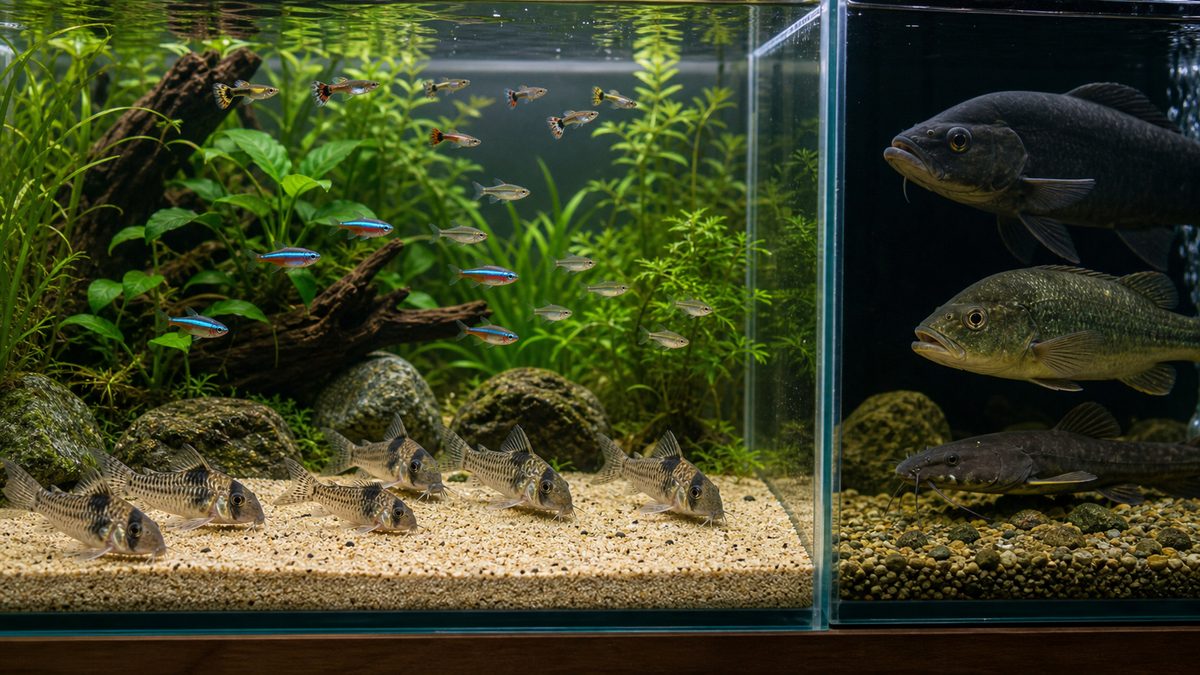 混泳についての要点をまとめた淡水魚飼育インフォグラフィック