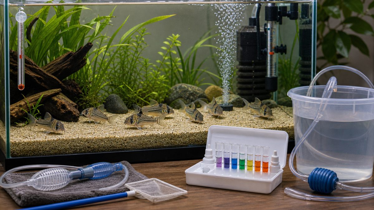 水質・水温の管理の要点をまとめた淡水魚飼育インフォグラフィック