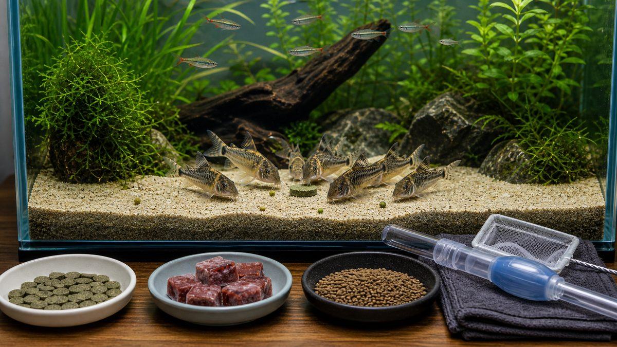 餌の与え方の要点をまとめた淡水魚飼育インフォグラフィック
