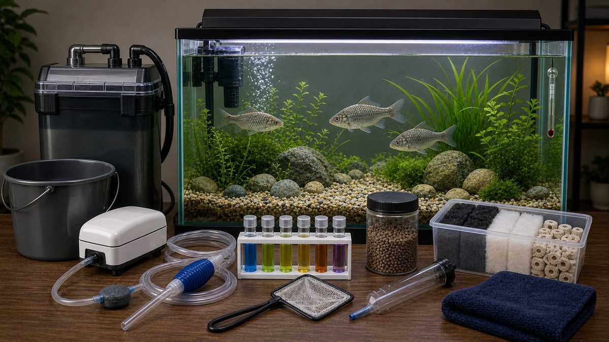 フナ飼育に必要な用品と管理道具を示す画像