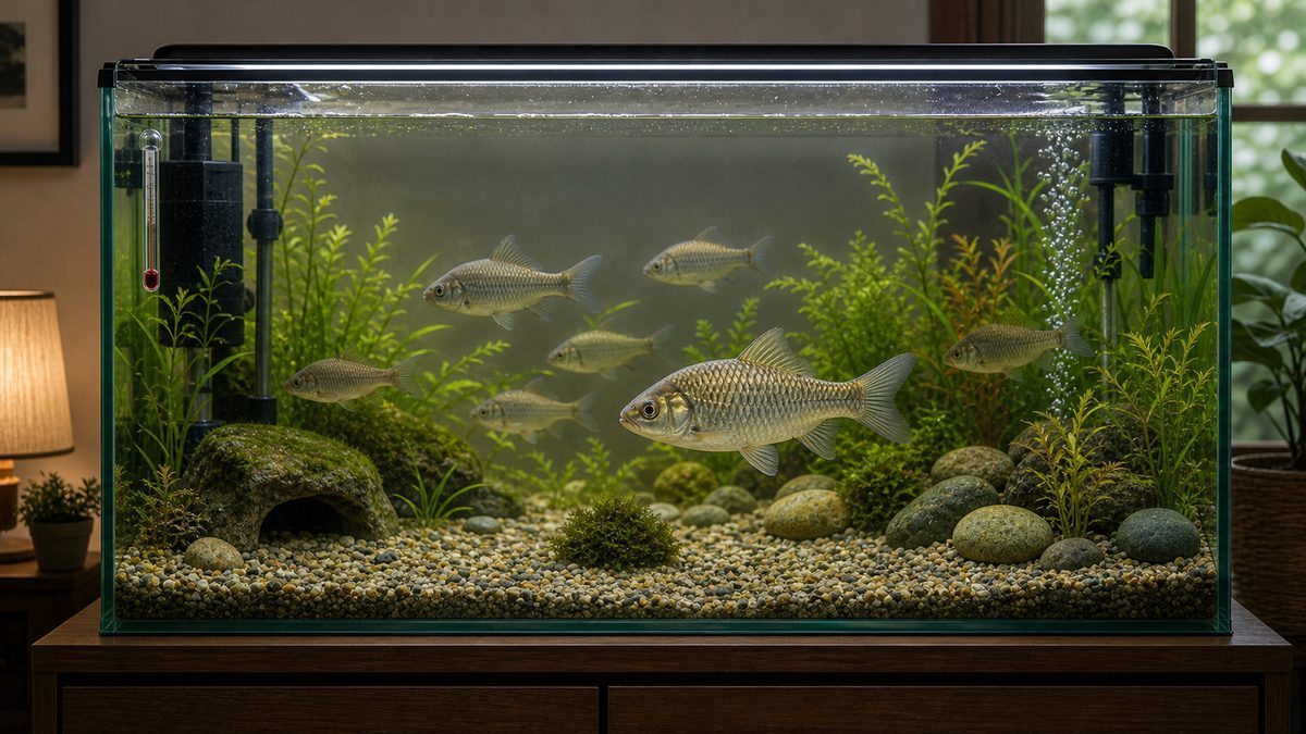 フナを長期飼育する成熟した日淡水槽を示す画像