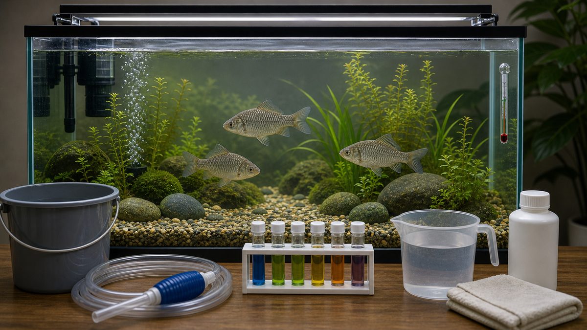 フナ水槽の水温と水質管理を示す画像