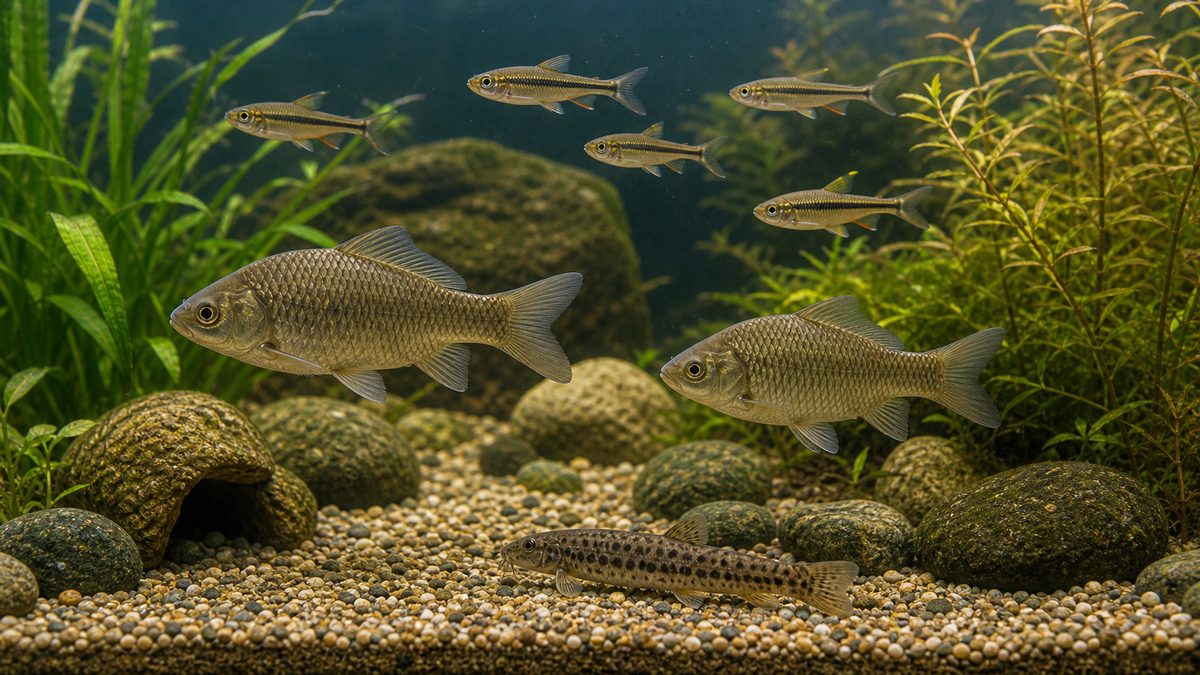 フナと混泳魚の泳層分けを示す画像