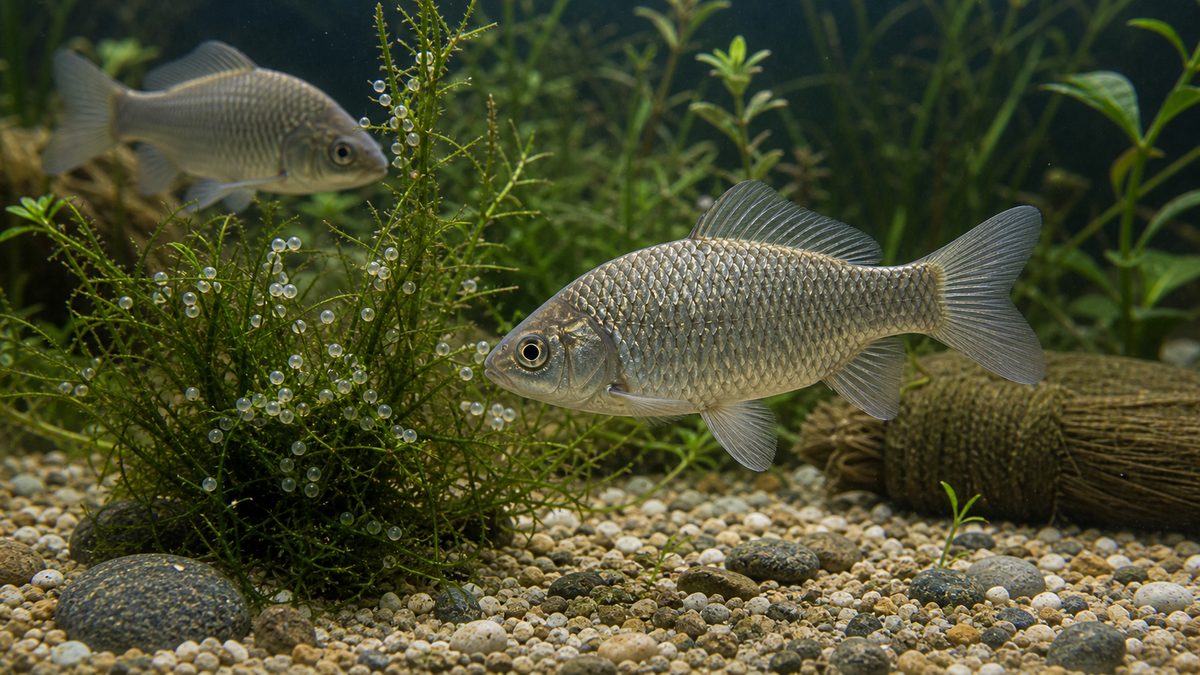 ギンブナの繁殖と水草に付く卵を示す画像