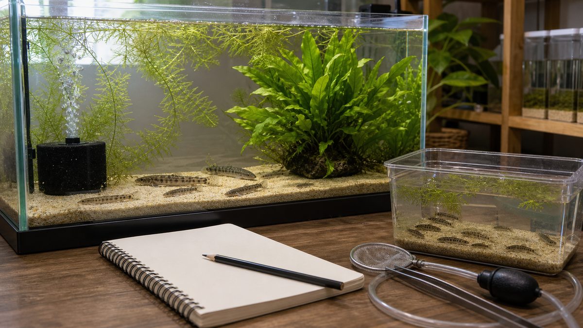 ドジョウ繁殖の記録をつけながら稚魚を育てる水槽