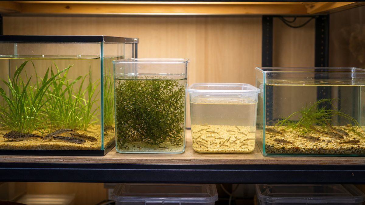 ドジョウ繁殖の工程を水槽と育成容器で並べた早見画像