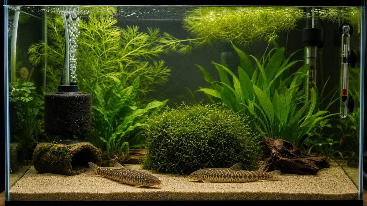 ドジョウ繁殖用に整えた砂底と水草の水槽