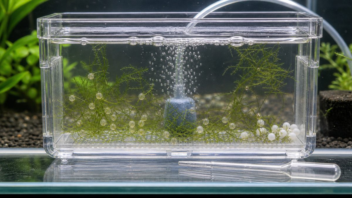 ドジョウの卵を清潔な容器で孵化管理する様子