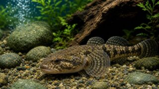 ドンコが流木と石の水槽底で休む、飼い方・餌・病気・混泳・繁殖を解説する記事のアイキャッチ