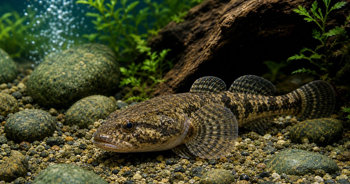 ドンコが流木と石の水槽底で休む、飼い方・餌・病気・混泳・繁殖を解説する記事のアイキャッチ