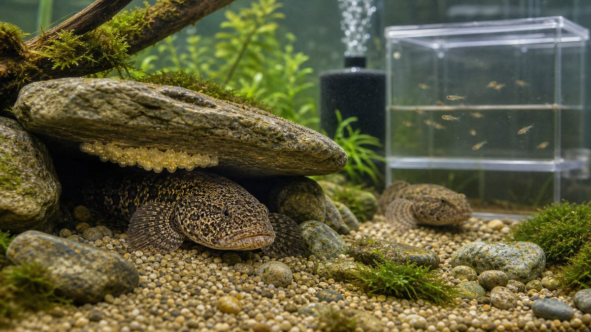 石の下で卵を守るドンコの繁殖水槽