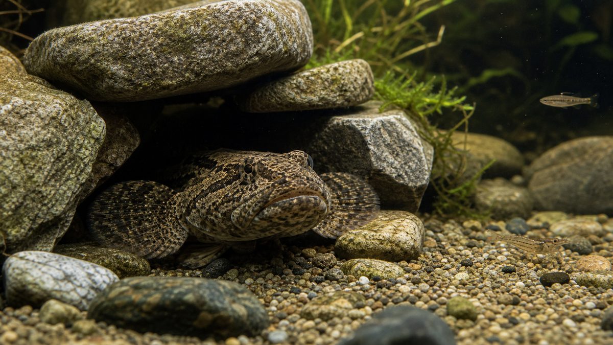 岩陰で縄張りを持つドンコの待ち伏せ行動