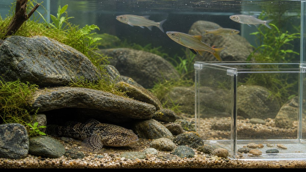 底の縄張りと上層魚を分けたドンコ混泳水槽