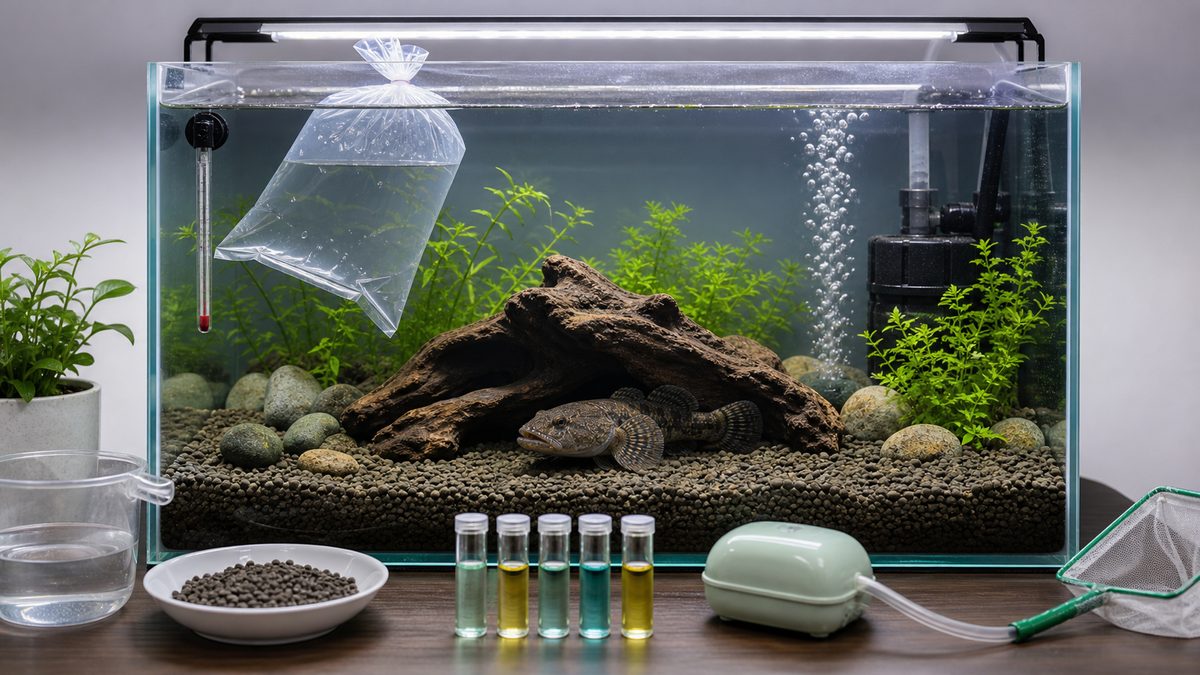 ドンコの水合わせ、底砂、流木、フィルター、エアレーションをまとめた飼育環境画像