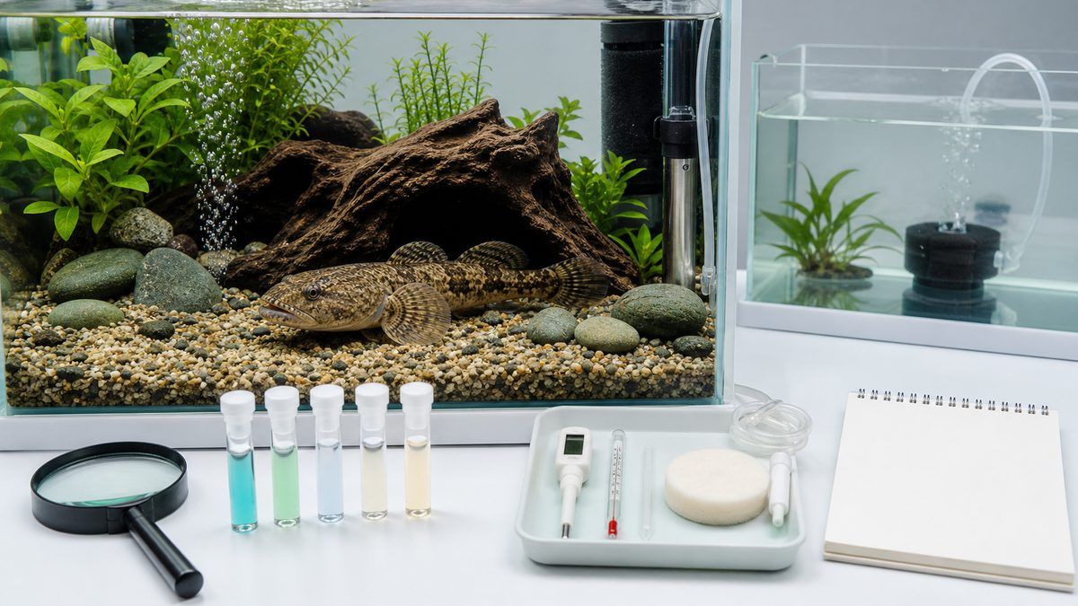 ドンコの病気予防に必要な観察、水質検査、隔離水槽、酸素供給を示す治療準備画像