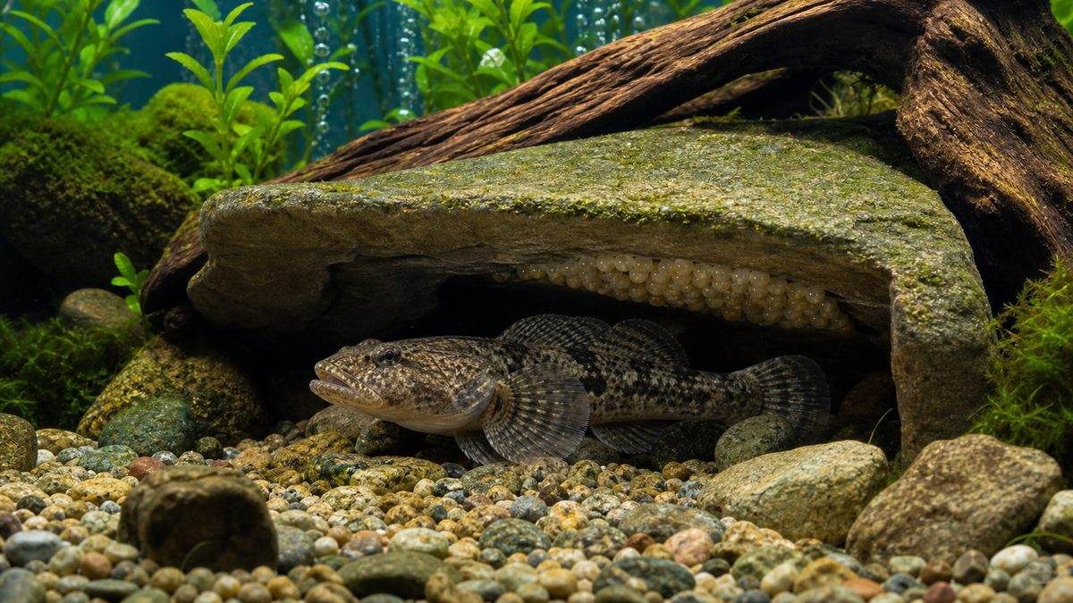 ドンコの繁殖でオスが石の下の卵を守る巣穴の様子