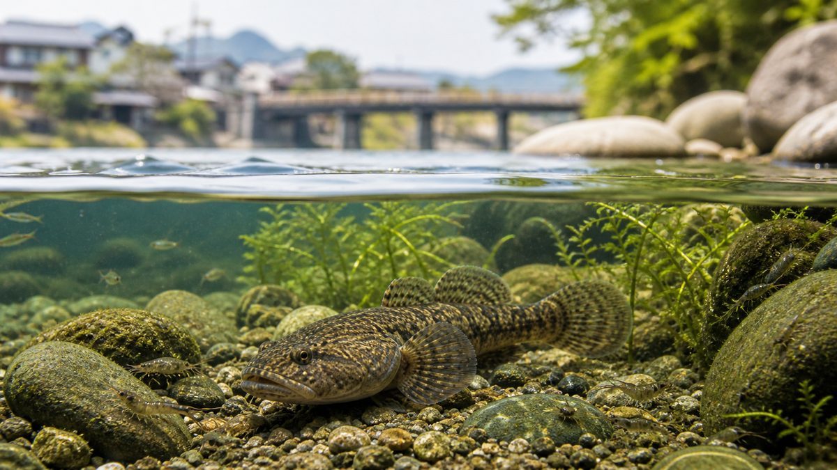 清流のドンコと川の環境を通じて人との関係や生息地保全を示す画像