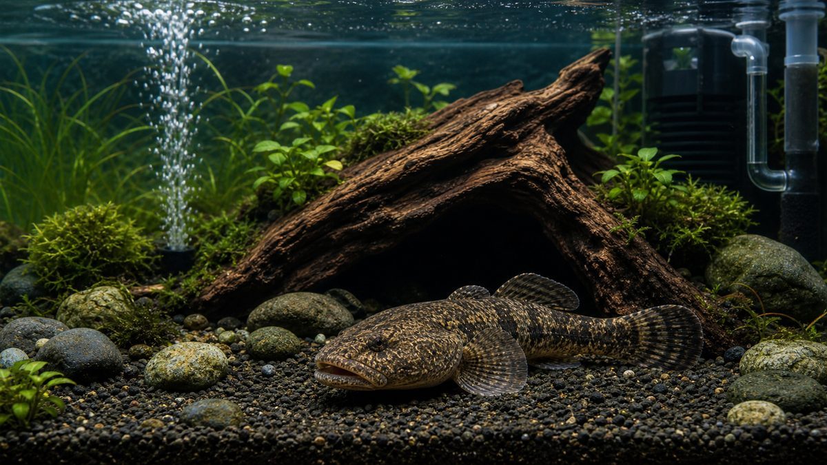 ドンコを長期飼育するための流木の隠れ家、清潔な水、酸素供給が整った水槽画像