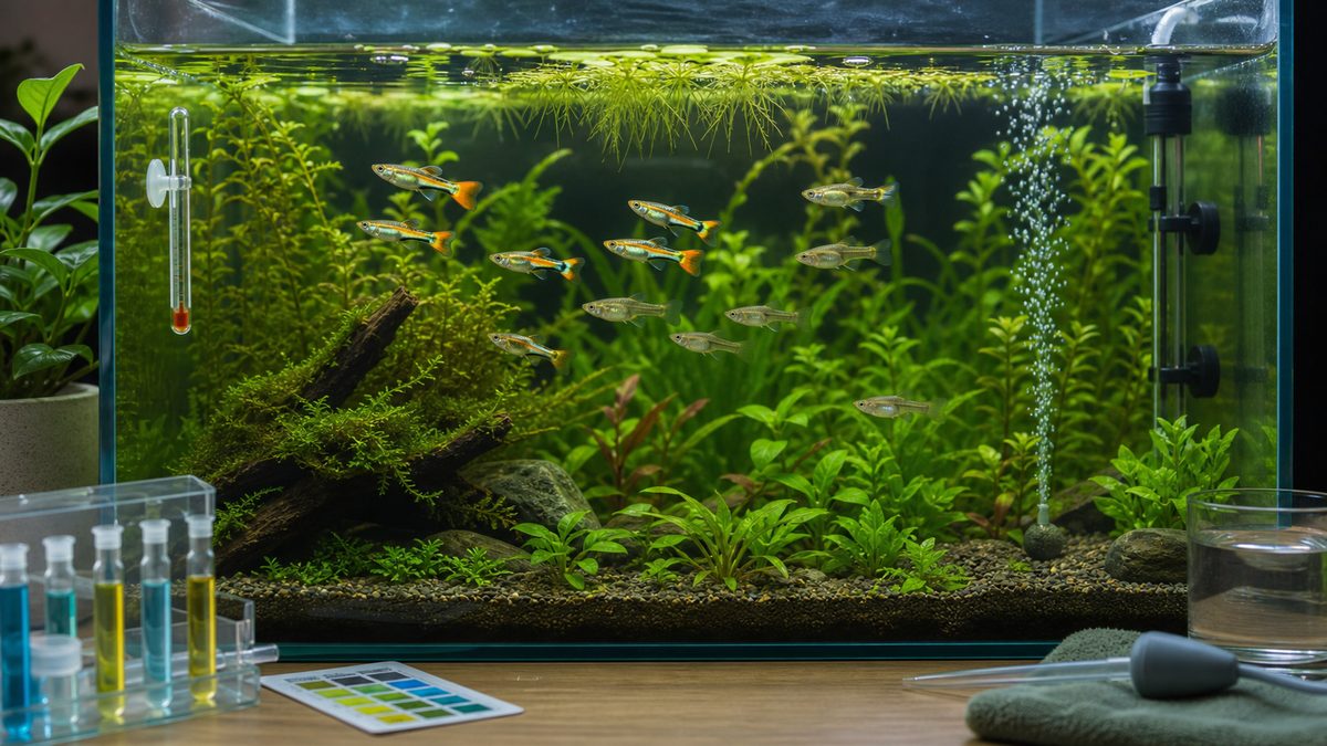 エンドラーズの水質と水温管理を安定した水草水槽で示す画像