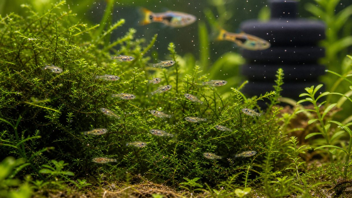 エンドラーズの稚魚を水草とスポンジフィルターで育てる画像