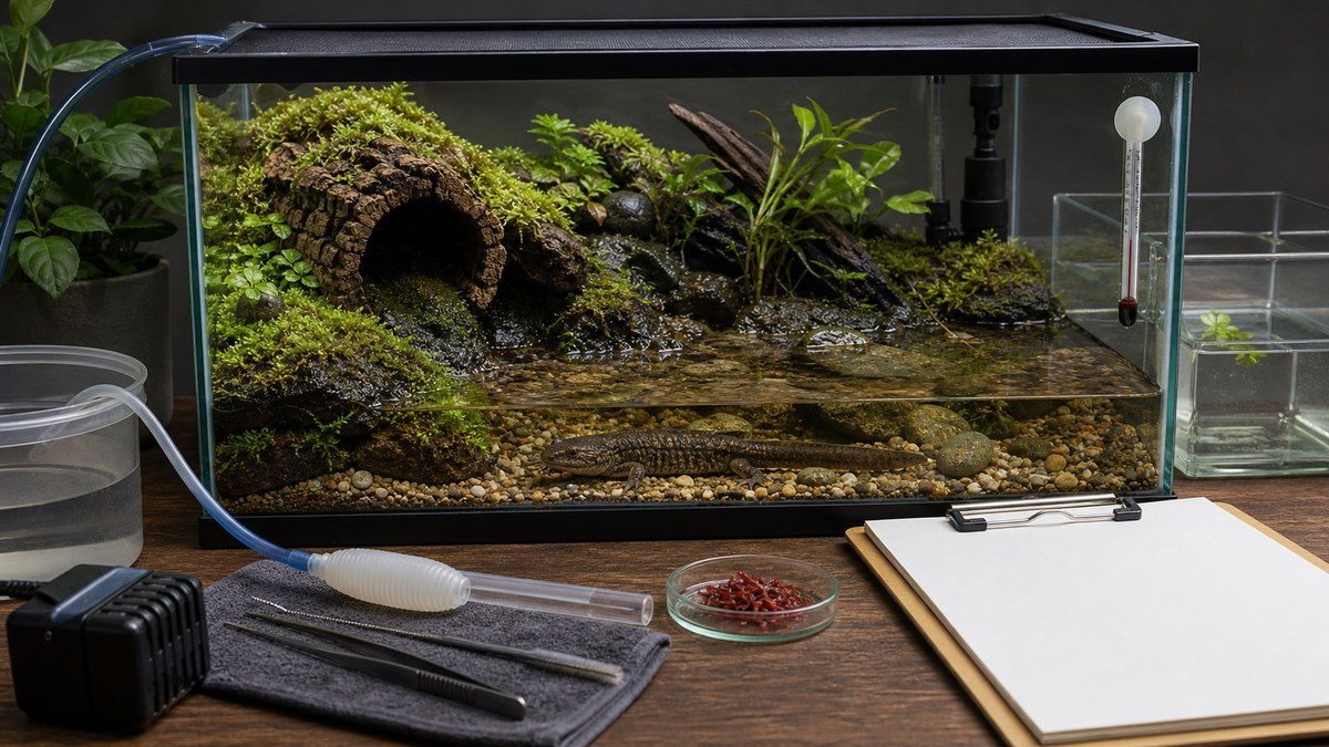 エゾサンショウウオ飼育で確認すべき冷水水槽と管理用品をまとめた画像