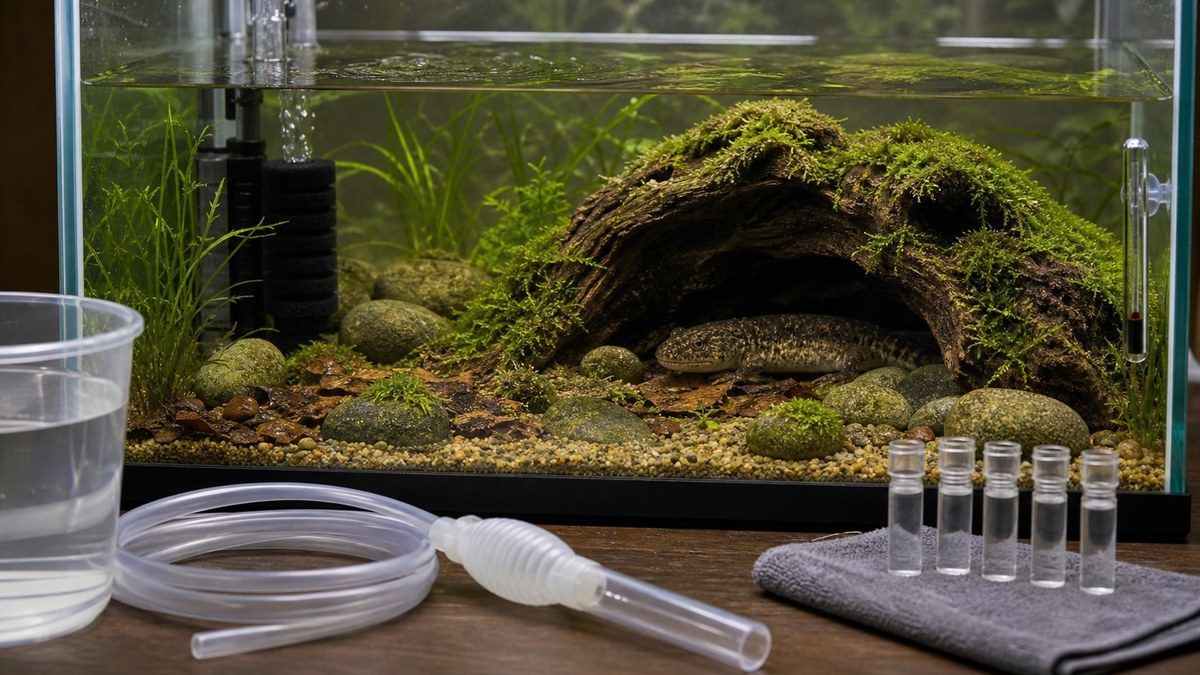 エゾサンショウウオ水槽の水換えと水質検査を示す管理画像