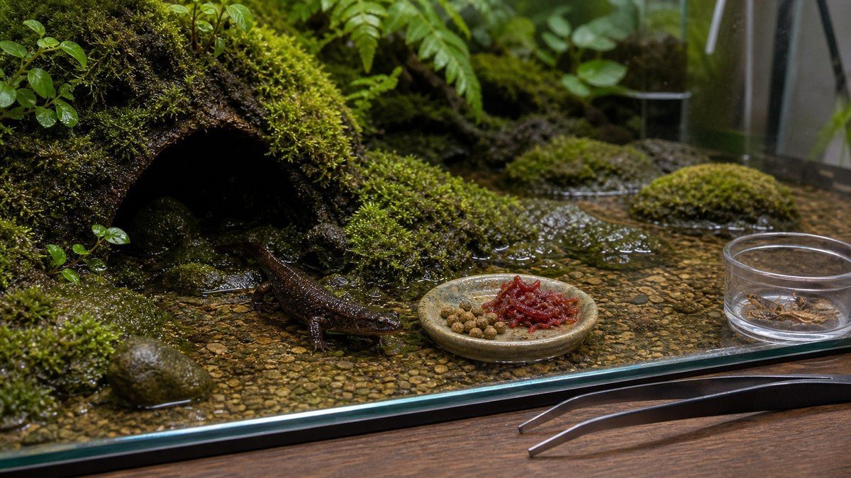 エゾサンショウウオに少量の冷凍赤虫と人工餌を与える給餌画像