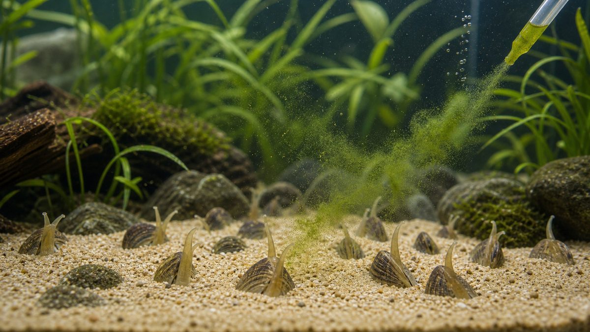 二枚貝の餌 — プランクトンの確保と給餌方法の要点をまとめた淡水魚飼育インフォグラフィック