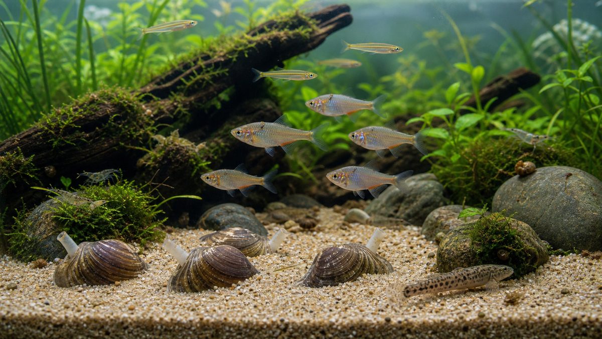 二枚貝と混泳可能な生体の組み合わせの要点をまとめた淡水魚飼育インフォグラフィック