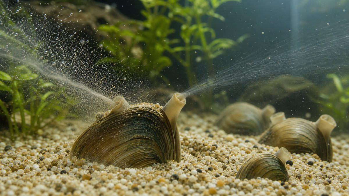 淡水シジミ・二枚貝の基本情報と水質浄化メカニズムの要点をまとめた淡水魚飼育インフォグラフィック