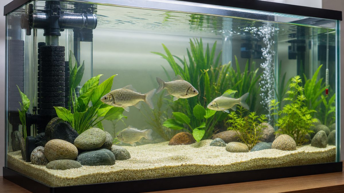 フナ飼育に必要な水槽サイズと設備の選び方の要点をまとめた淡水魚飼育インフォグラフィック