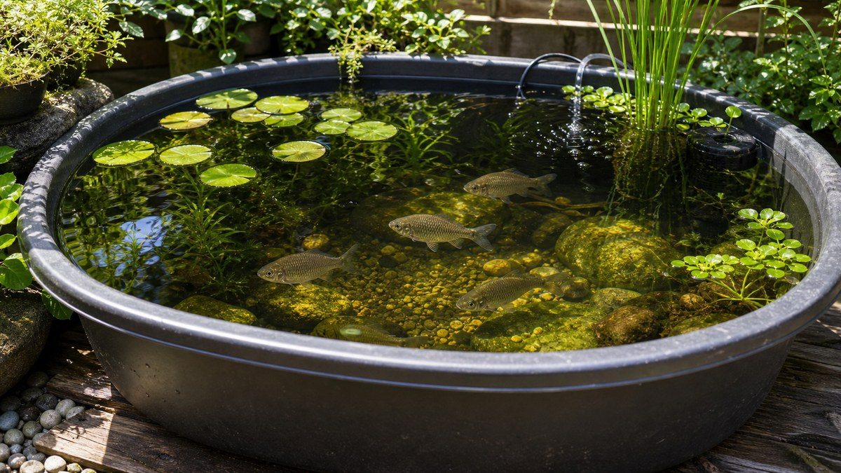 プラ舟と水草でフナを屋外飼育するビオトープ画像