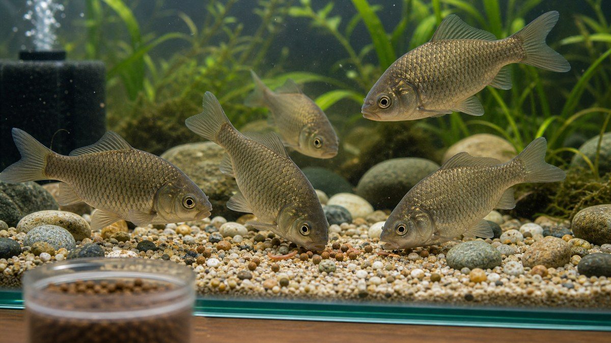 沈下性の餌を食べるフナと給餌量の目安を示す画像