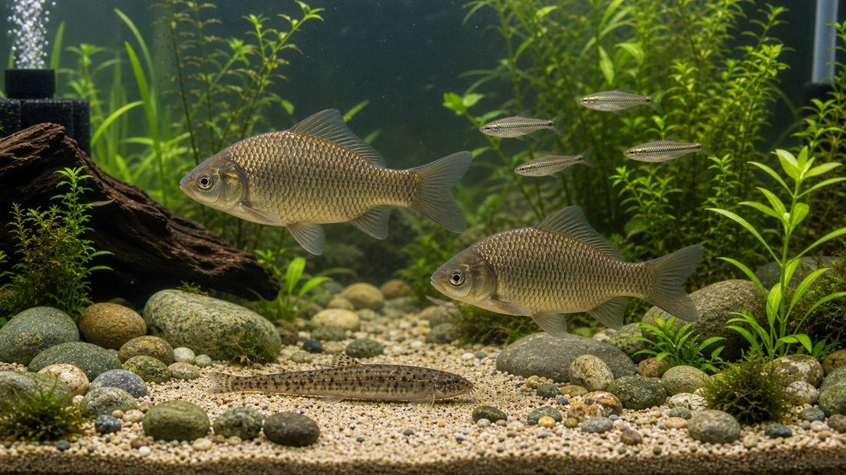フナと相性のよい日本淡水魚の混泳水槽画像