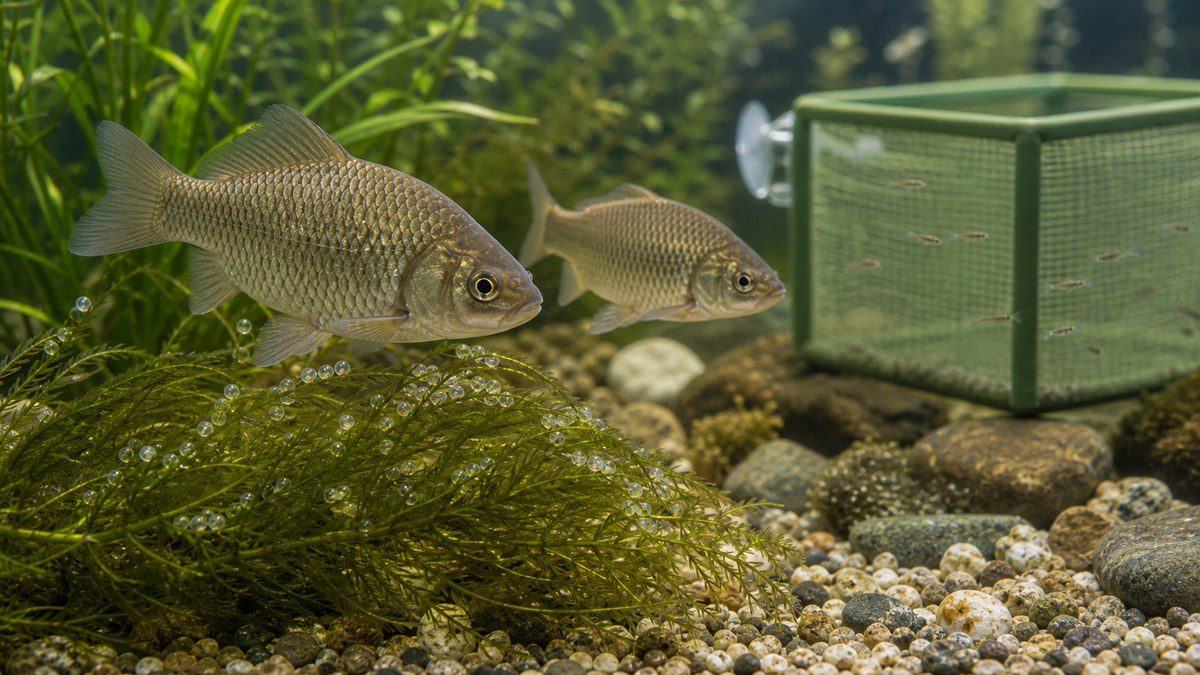 フナの産卵床と稚魚保護を示す繁殖環境画像